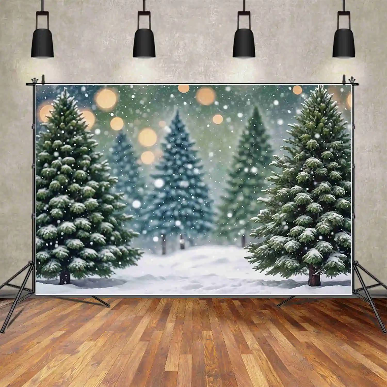 

MOON.QG 2025 Green Christmas Backdrop Winter Outdoor Snow Bokeh Forest Tree Background Custom Party Decoration Photo Zone Props