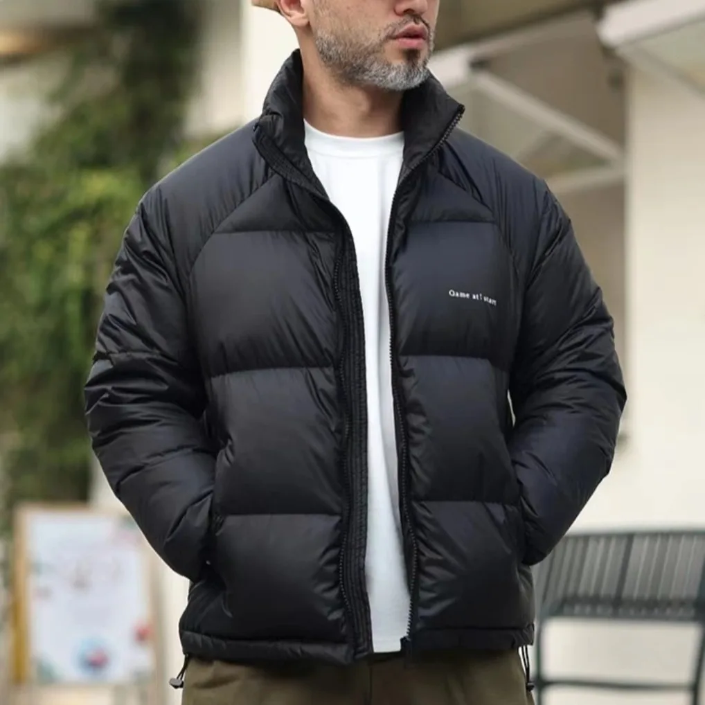 Mens Winter Japanese Style Down Coats Mens Fashion Casual Stand Collar White Duck Down Jacket Thicken Warm Windproof Ski Outwear