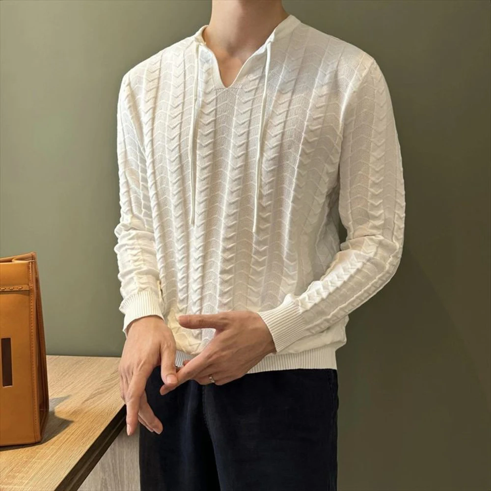 2026 Spring New Male Solid Color V-Neck Drawstring Long Sleeve T-Shirt American Retro Fashion Trend Casual Loose Niche Men's Top