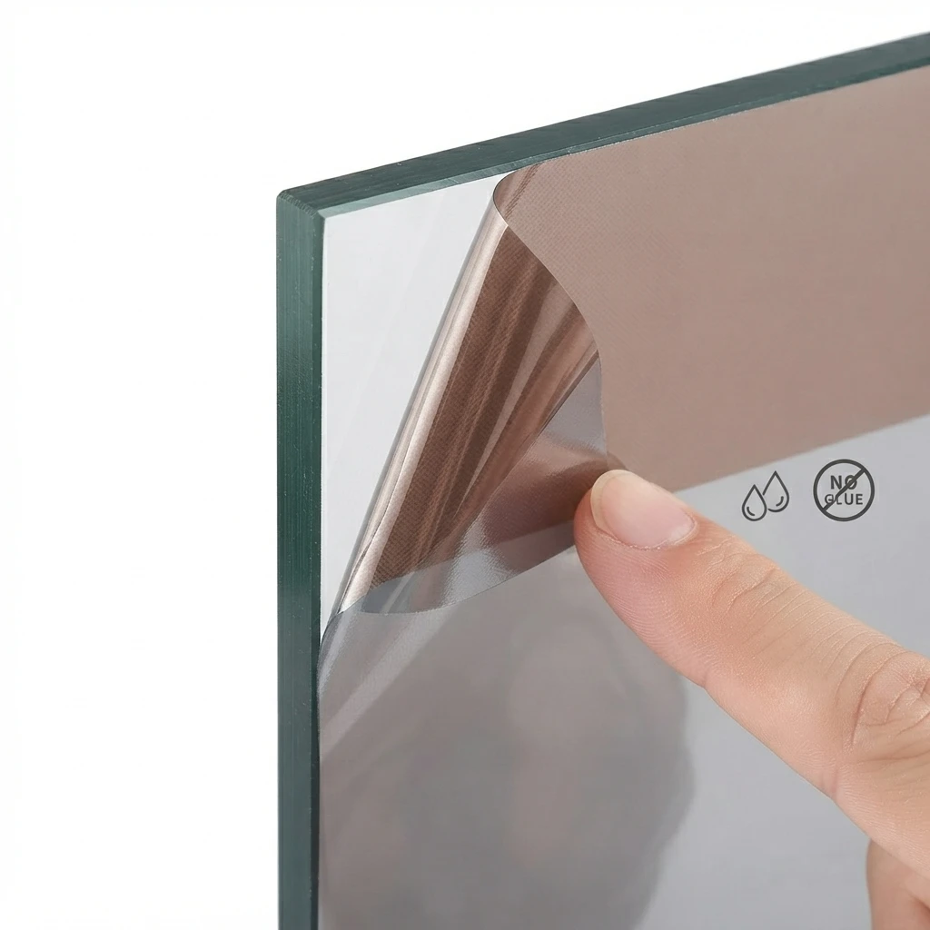 Brown Front Silver Back Static Cling One Way Mirror Window Film Privacy Tint for Home Office Glass - No Glue Heat UV Block