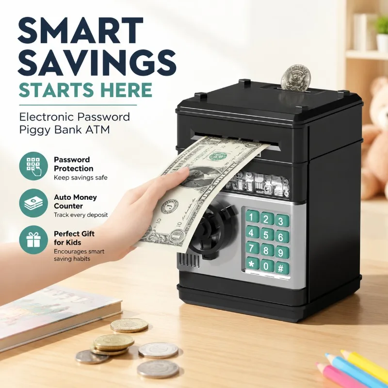 Electronic Password Piggy Bank ATM Coin Safe with Money Counter Code Lock, ABS Plastic Savings Box for Kids Child Gift