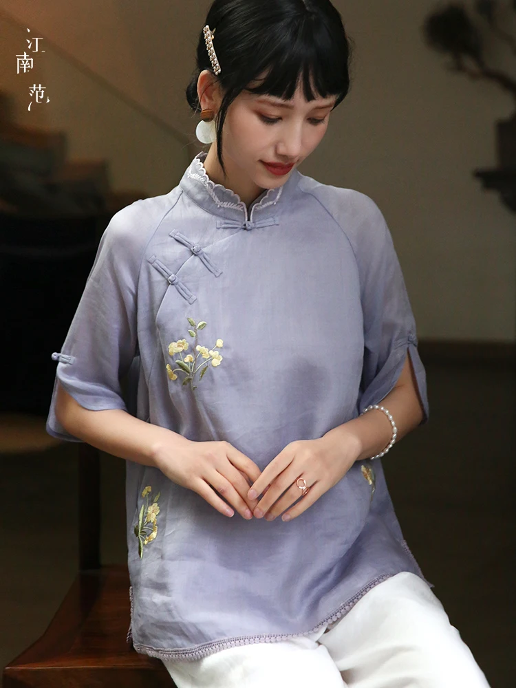 

Женский летний топ/платье в стиле ретро, улучшенная версия, с вышивкой из фиолетового шелка, в стиле фэн-шуй, от Jiangnan Sle