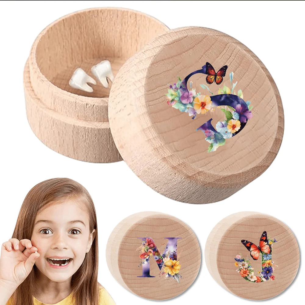 

Wooden Tooth Organizer Box Milk Tooth Saver Container Storage Case Circular Suitable Family Memory Butterfly Letter Pattern