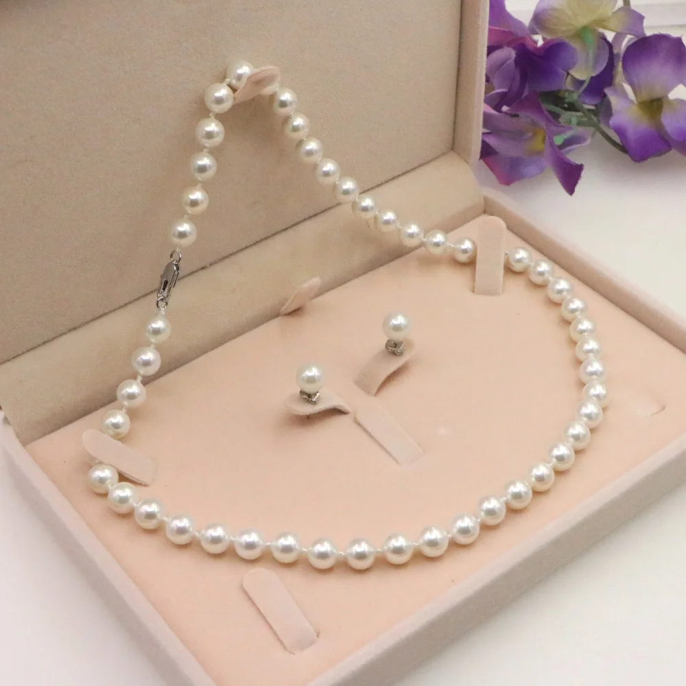 Hot 8mm Ocean Shell Pearls Necklace Earring Bridal Jewelry Set for Women Energy Manual Making Design Gift Wholesale