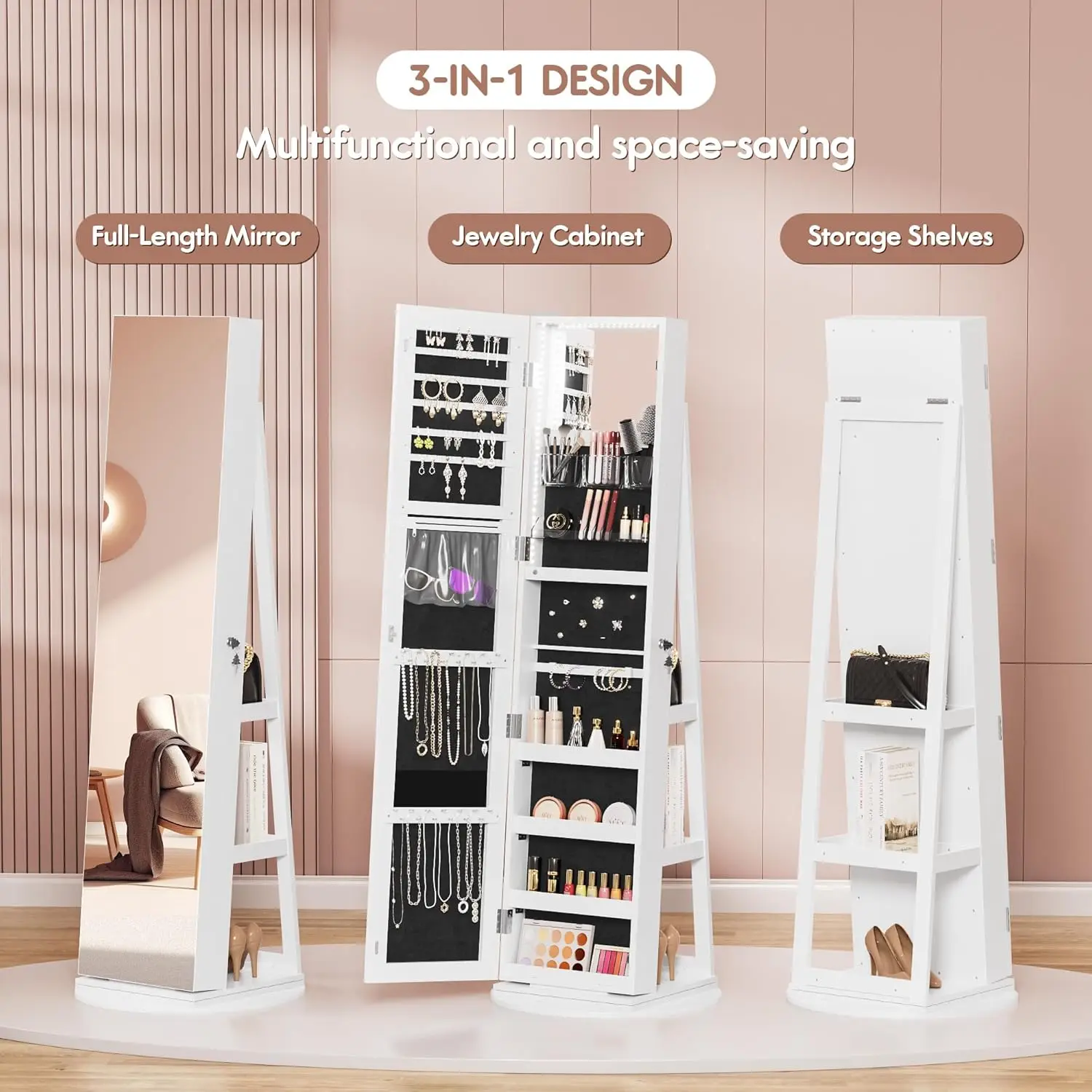 Swivel Mirrored Jewelry Armoire with Full Length Mirror and LED Light, Lockable Standing Jewelry Cabinet Organizer with Extra Sh