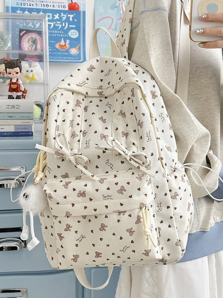 Retro Campus Corduroy Simple Versatile Backpack for Female High School and Middle School Students, Fresh and Stylish School Bag