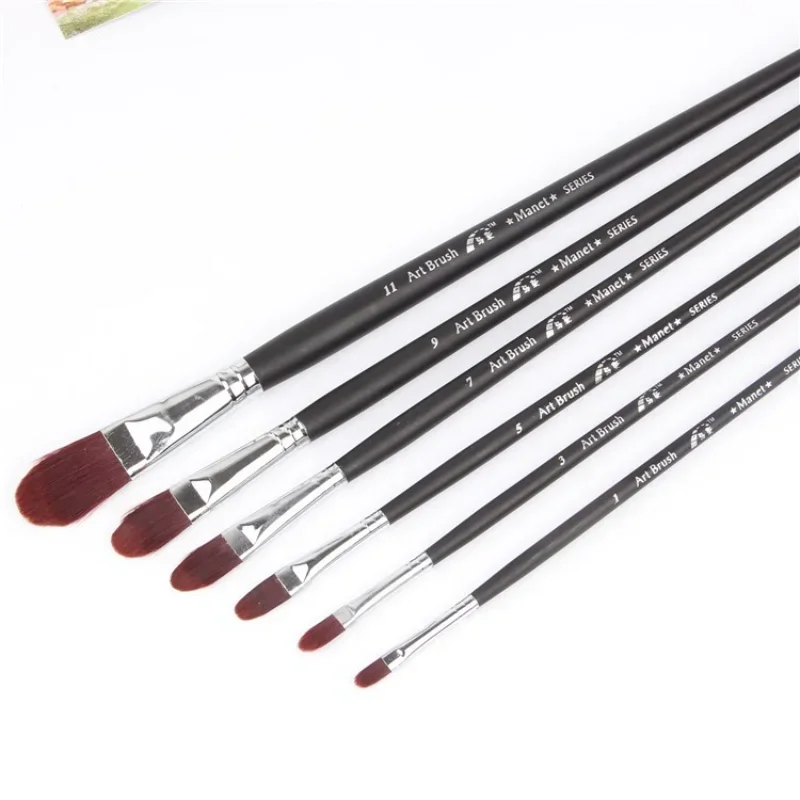 

6pcs/Set burgundy red Nail shape nylon hair brushes matte Black long wood rod Watercolor Gouache painting acrylic painting pen