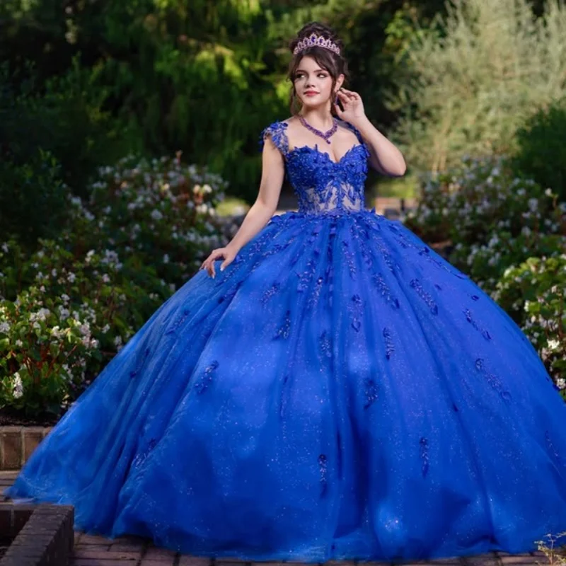 

Shiny Royal Blue Quinceanera Dresses Off the Shoulder Glitter Decal Long tail Bow Vestido De 15 Quinceanera Customize