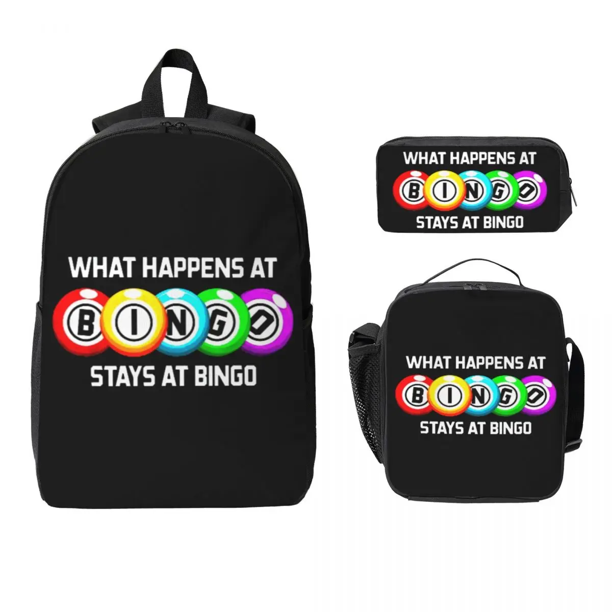 

What Happens At Bingo Backpack Student Boys Girls BookBag School Bag Computer Shoulder Bags 3ps Insulated Lunch Bag Pencil Case