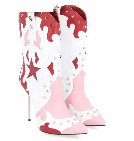 Black White Pink Mixed Color Star Rivet Decor Skull Metal Thin Heels Slip On Mid-calf Boots Women Print Short Booties Size 44