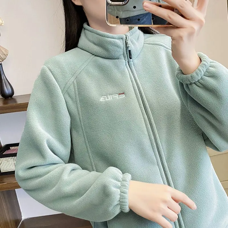 Women's Plush Velvet Thickened Sweatshirt Fleece Spring Autumn Outdoor Jacket Casual Warm Standing Collar Inner Lid
