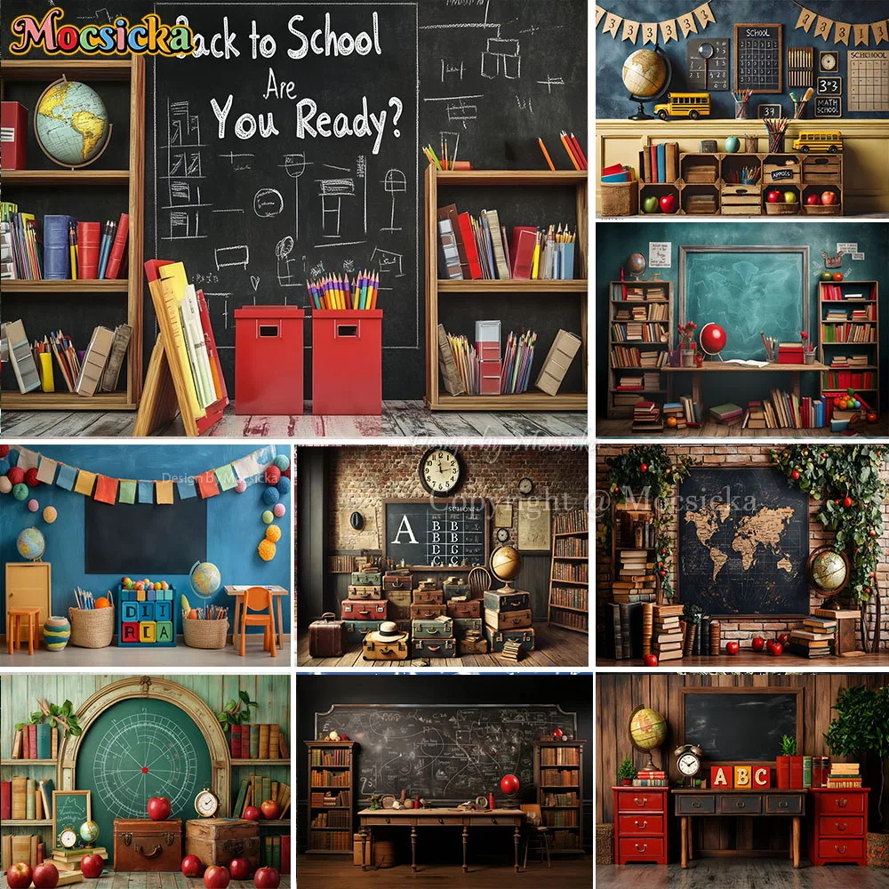 Mocsicka Back to School Background Photography Bookshelf Blackboard Classroom Backdrop Kids Holiday Theme Party Photo Studio