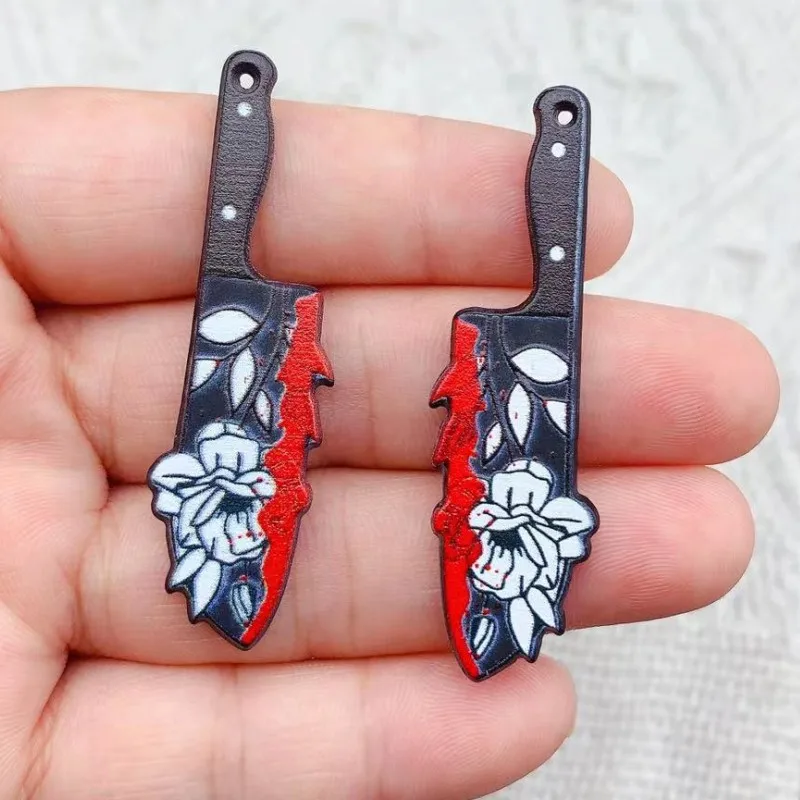 Double-Sided Gothic Black Flower Dagger Acrylic Charms, 10pcs