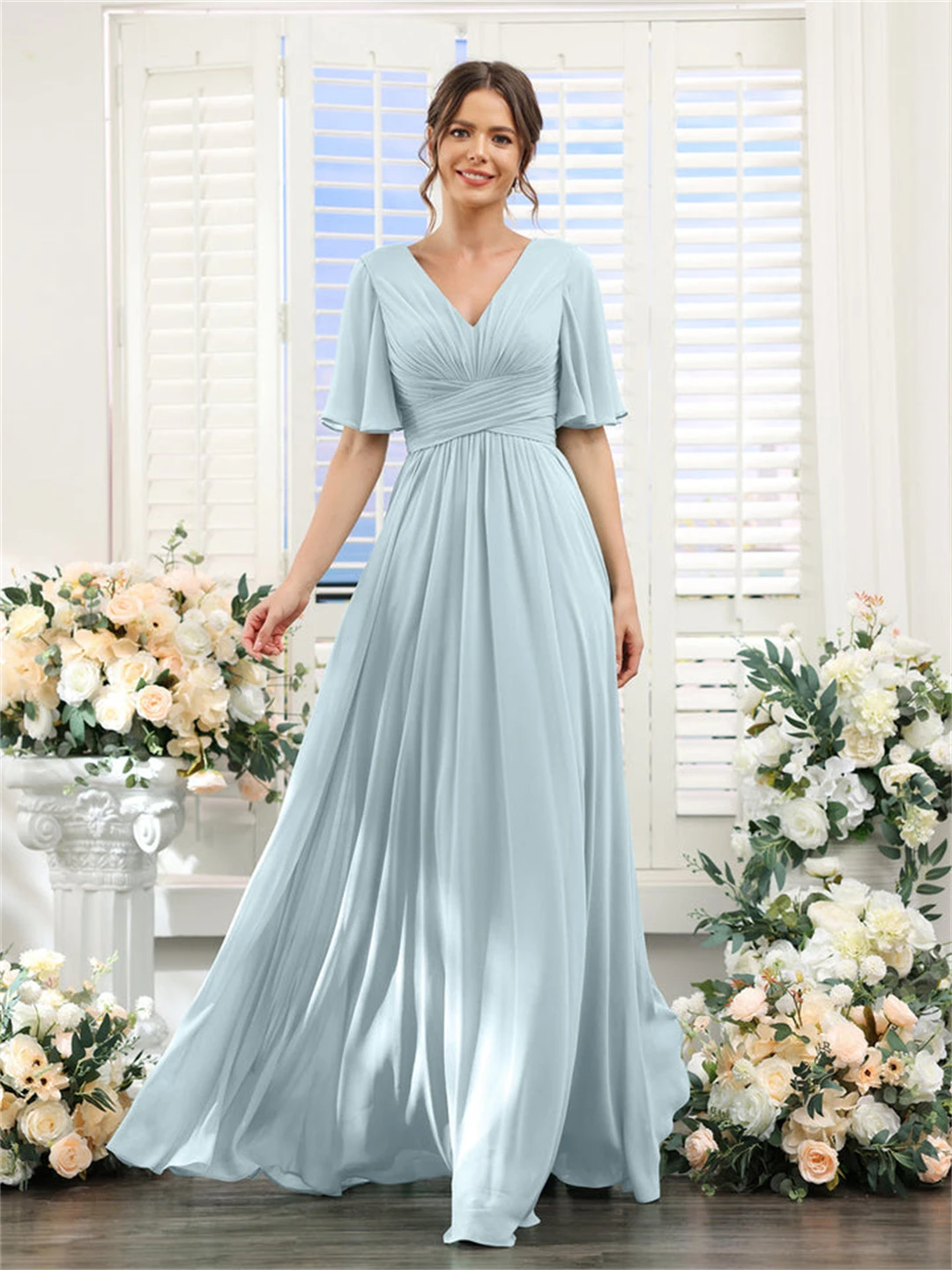 Chiffon V-neck A-line Bridesmaid Dresses Elegant Simple Short Sleeve Floor-Length Evening Dresses Pleated Wedding Party Gowns