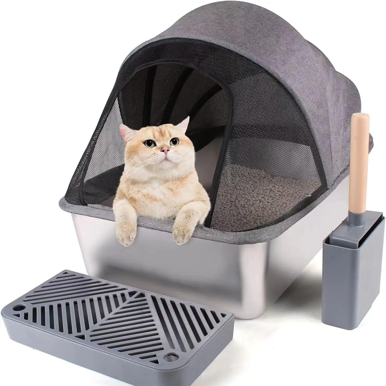 

Anti-splashing Fabric Cat Litter Box Stainless Steel Cat Toilet Easy Assembly Covered Cat Litter Box