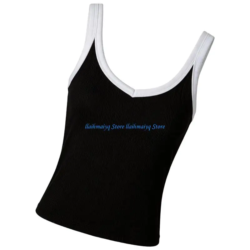 

573B Trendy Color Blocking Strappy Cami Flattering Fit Breathable Racerback Top with Bra For Workout Or Lounges