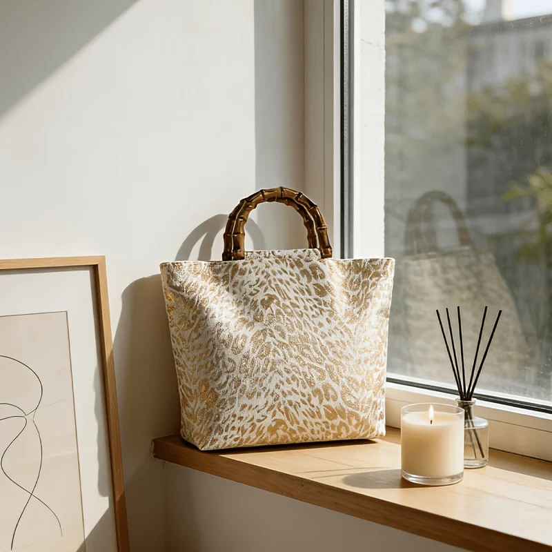 Women's Large Capacity Gold-Foil Leaf Tote Bag, Bamboo Handle Lightweight Luxury Vintage Shoulder Bag, Daily Commuting image 4