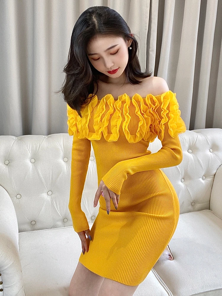 Spring Autumn High Quality Knitted Dress Women Chic Sexy Off Collar Ruffles Long Sleeve Stretchy Bodycon Dresses Bottoming 39907