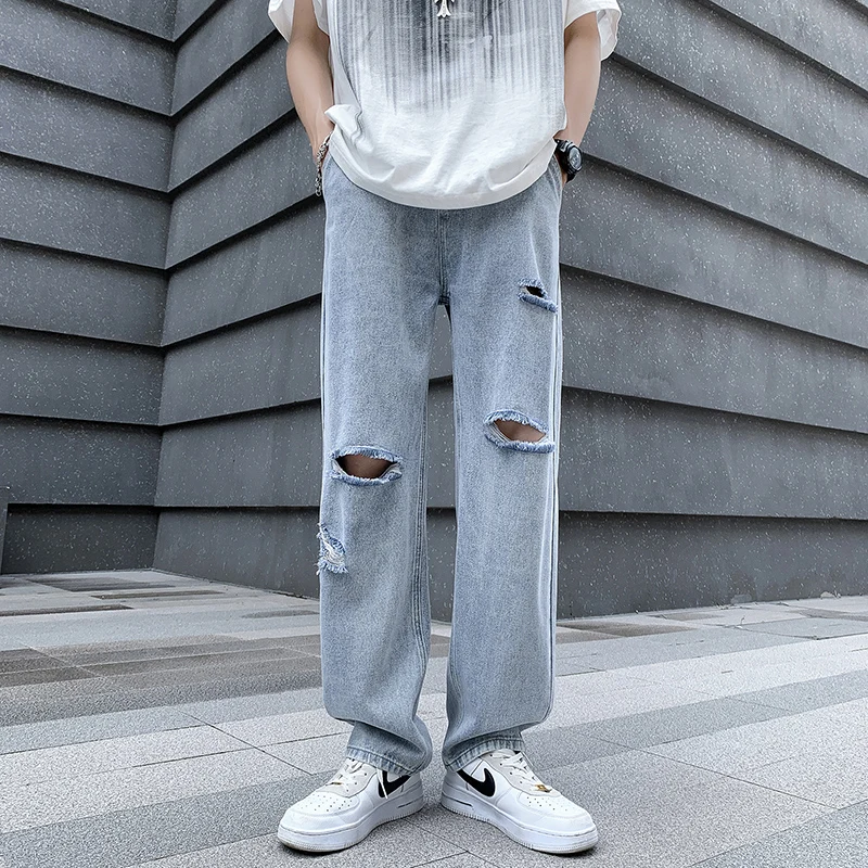 

Men's Perforated Jeans Summer Thin Loose Fit Straight Leg Pants American High Street Vintage Knife Cut Solid Jeans