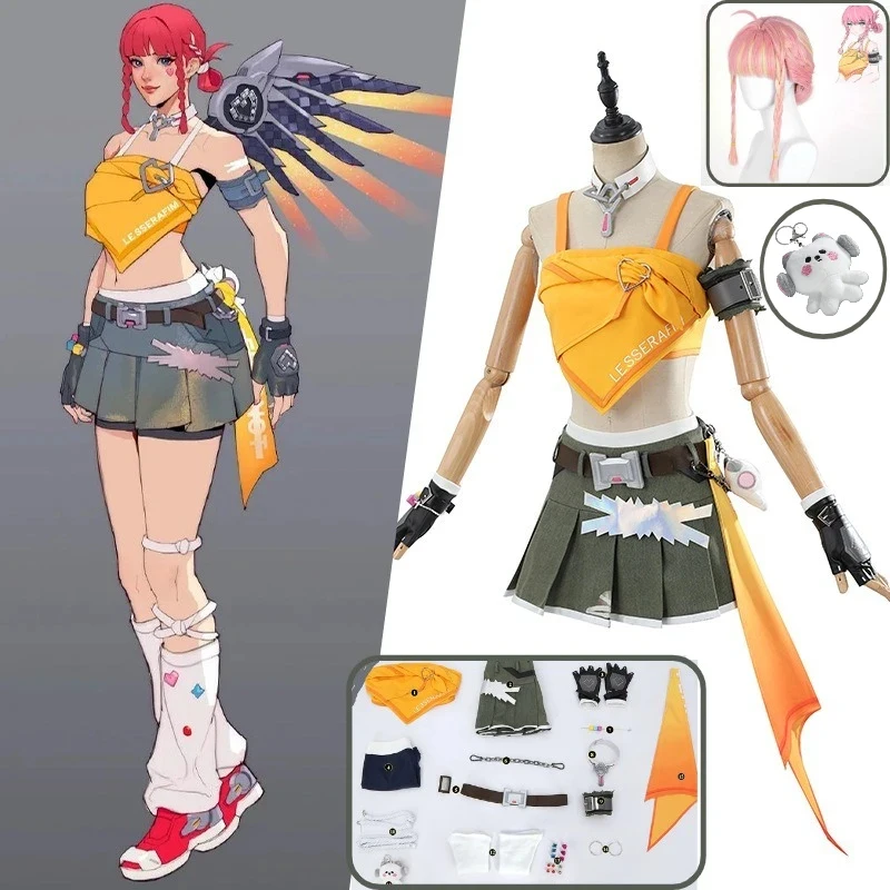 Disfraz de Cosplay de Overwatch Mercy Girl Group OW Skin Collab, Peluca y Traje de Juego para Mujer, Halloween yy:89