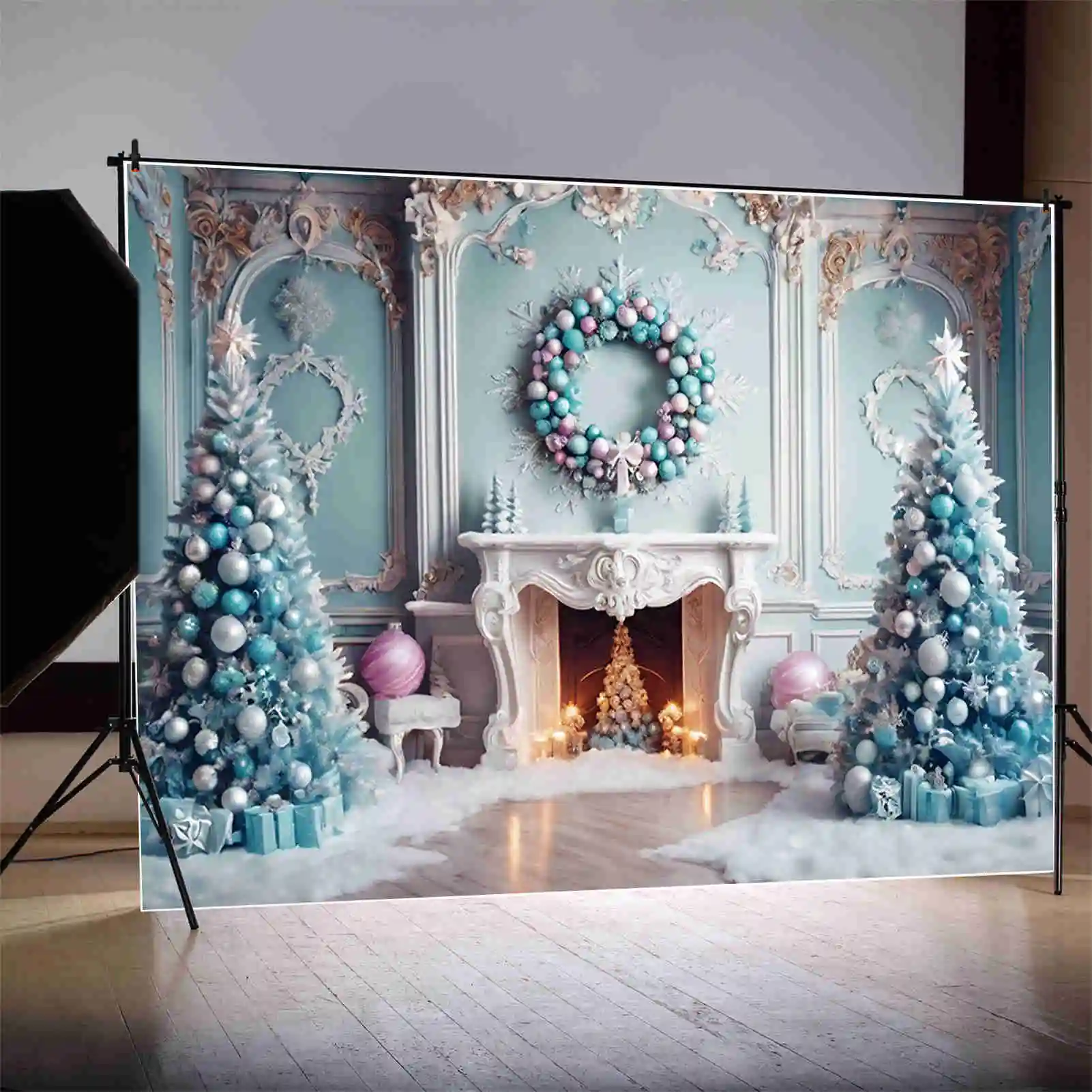 MOON.QG 크리스마스 트리 배경, 거실 빈티지 서양 화환 벽난로 배경, 파티 장식, 포토 존 액세서리