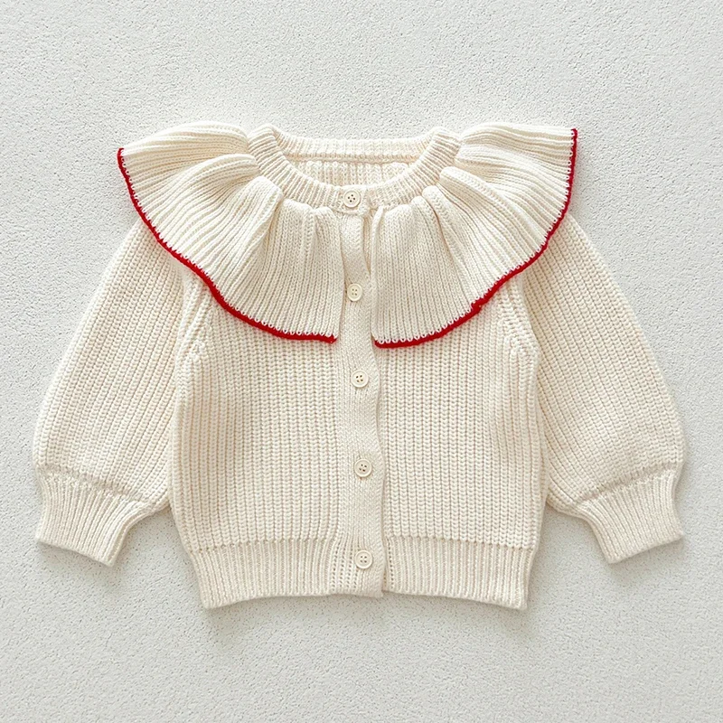 

Осенний кардиган с рюшами на воротнике для маленьких девочек, новый рождественский новый кардиган для девочек, детская одежда, вязаные свитера, детское пальто, куртка в стиле ретро