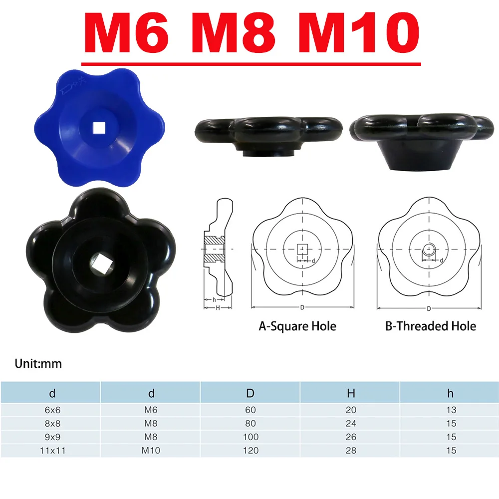 

1Pcs 6x6 8x8mm Cam Type Knob with Square Hole M6 M8 M10 High Low Pressure Valve Handle Butterfly Plum Switch Handle Black Blue