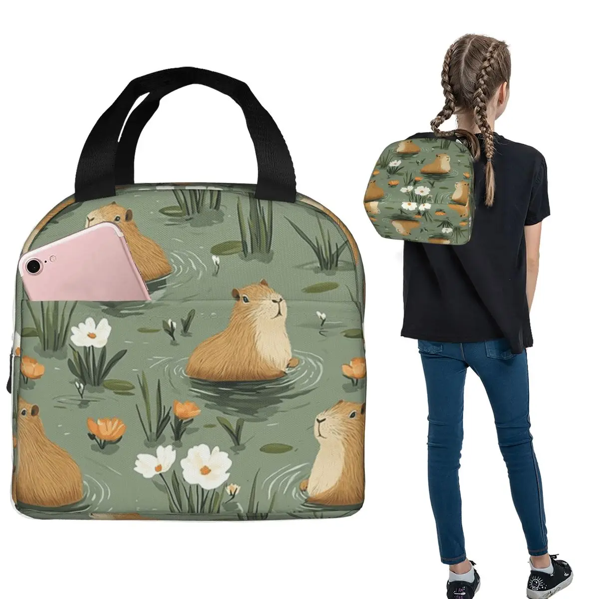 Capybara And Water Lily Flower Cartoon Insulated Lunch Bag for Women Kids Portable Food Boxes Thermal Lunch Box Tote