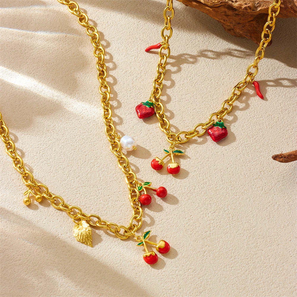 DIEYURO 316L Stainless Steell Cherry Strawberry Fruit Series Necklace For Women Lady New Fashion Neck Chain Jewelry Party Gift view 4