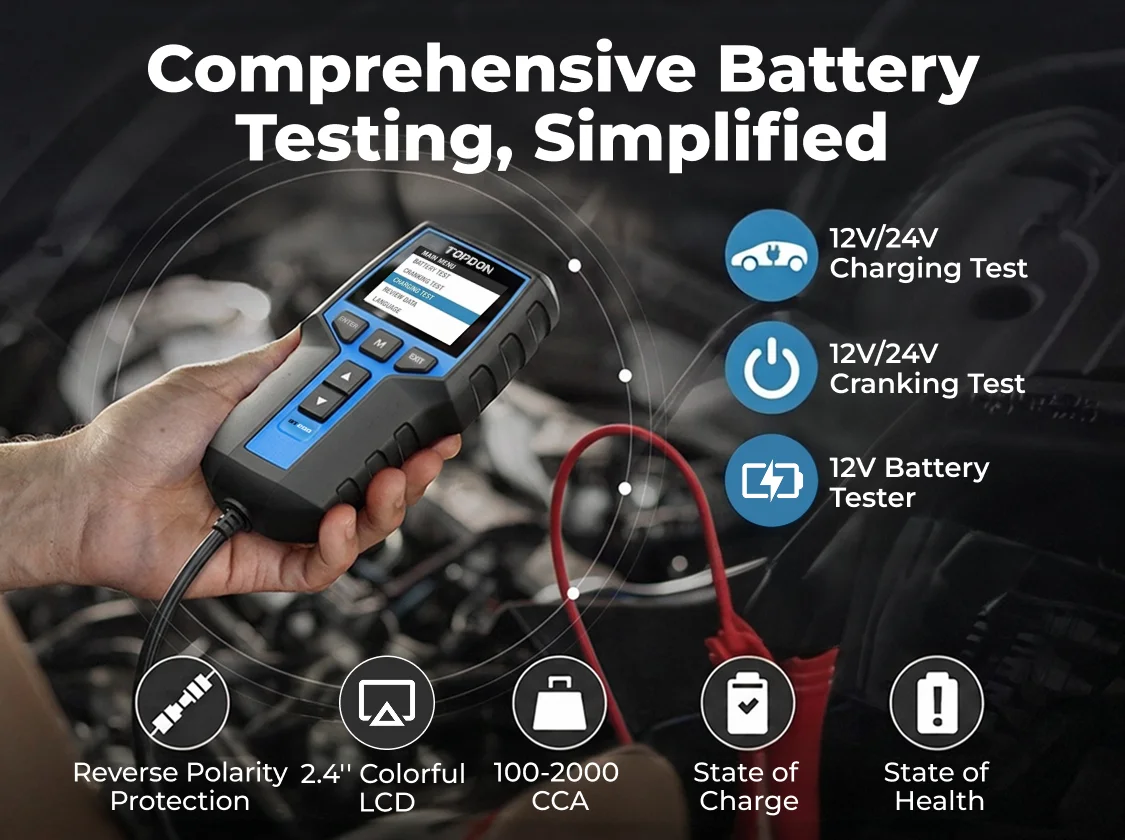 TOPDON BT200 Portable Battery Tester Charging Cranking Test Tools for Car 12V Automotive Diagnostic Battery Monitor 100-2000CCA