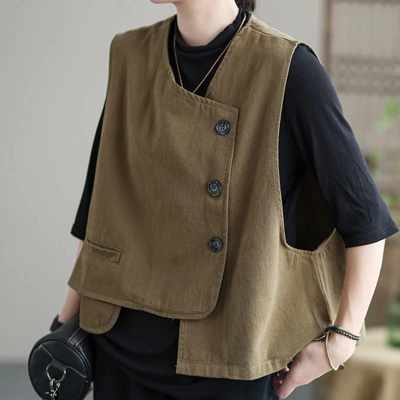 Vests Women Vintage Pocket Retro Fashion Casual Single Breasted Streetwear 2023 New Spring Summer Sleeveless Vest Female