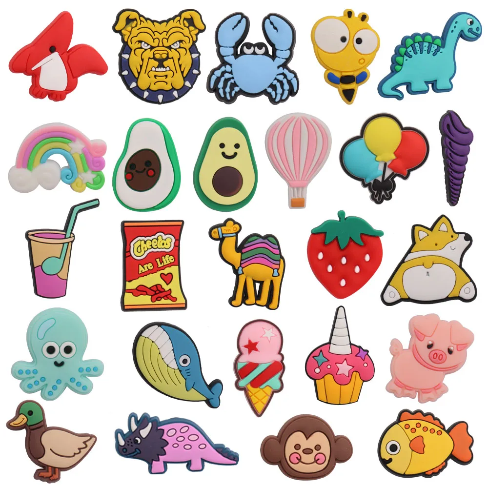 1pcs PVC Shoe Charms Dinosaur Dog Crab Rainbow Avocado Balloon Camel Strawberry Buckle Clog Wristbands Hole Slipper Decoration