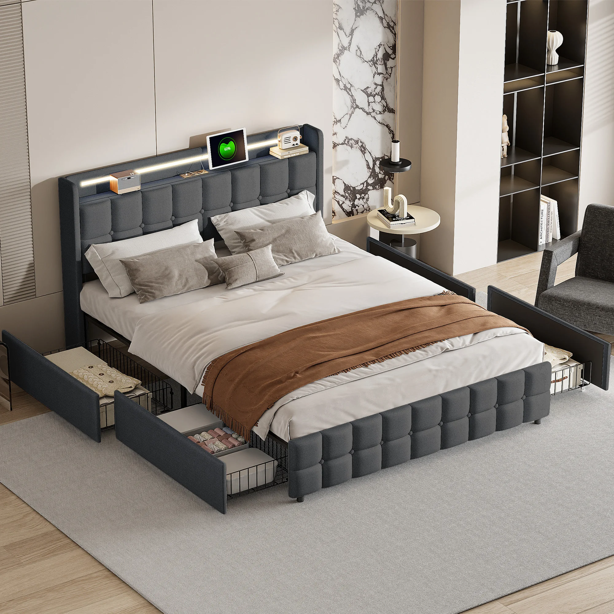 Upholstered bed with charging USB charging function Headboard and LED lighting and 4-drawers,Double bed 160x200cm Storage beds B