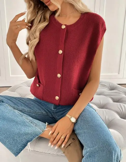 

Однотонный элегантный маленький ароматный стиль с круглым вырезом, вязаный жилет без рукавов с металлическими пуговицами, летний женский модный повседневный жилет