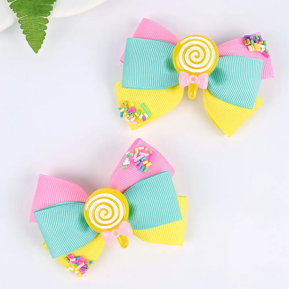 2Pcs Lollipop Hair Bow Clip Cute Candy Girls Rainbow Hairpin Ribbon Bowknote Headwear Toddler Barrettes Girls Hair Accessories