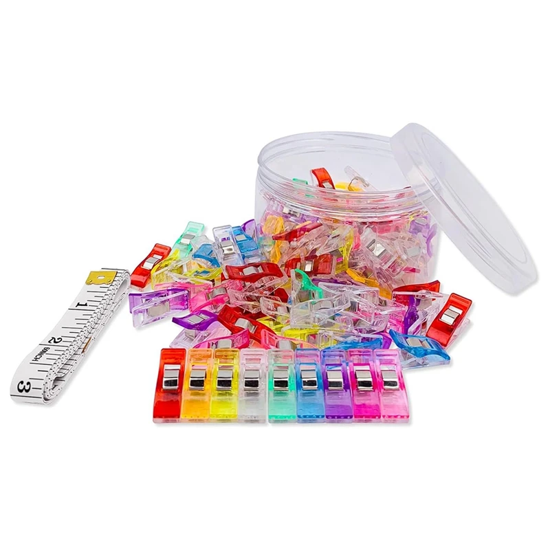 Premium Plastic Clips 100 Pack Sewing Clips For Quilting And Crafts With Tin Box, Assorted Colors, 1 Sewing Tape Measure