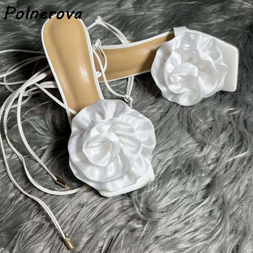 White Pleated Flower Sandals Ankle Band Solid Elegant Square Toe Lace Up Shoes Women's Summer Fashion Lovely Stiletto Shoes