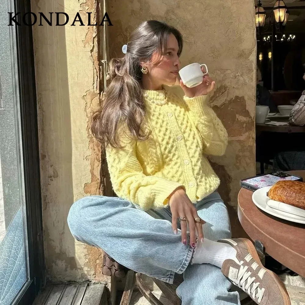 KONDALA 2025 Autumn Winter Butter Yellow Women Sweaters Fashion Streetwear O Neck Knitted Button Argyle Single Breasted Sweaters