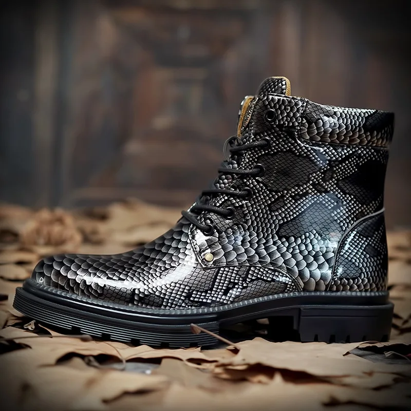 snakeskin Brand Men Boots Square Heel Men Ankle Boots Designer Luxury Leahter Shoes for Men Fashion Motorcycle Character boots