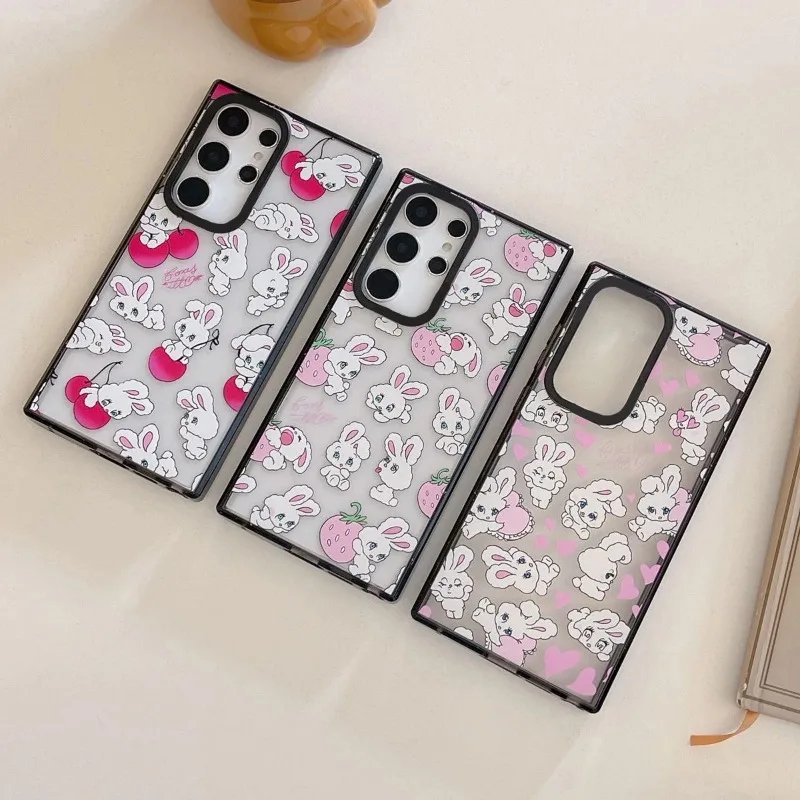 

Cute Strawberry Rabbit Acrylic Black Border Case for Samsung Galaxy S22 S23 S24 Ultra S22+ S23+ S24 Plus Cover Protective Shell