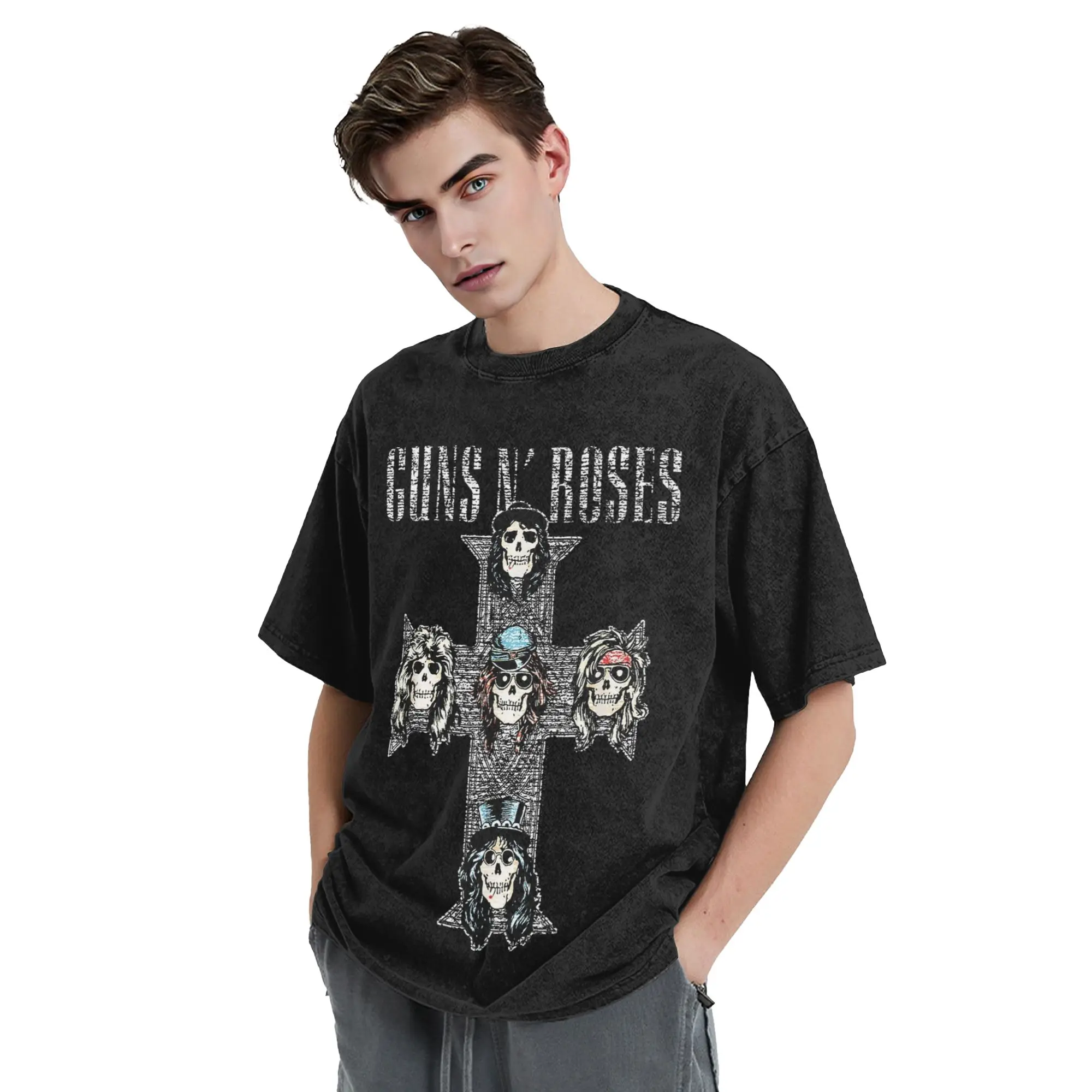 Guns N Roses Vintage Cross T Shirt Hip Hop Washed Cotton Harajuku T-Shirt  Casual Men Women Tops Streetwear Summer Tee Shirt - view 6