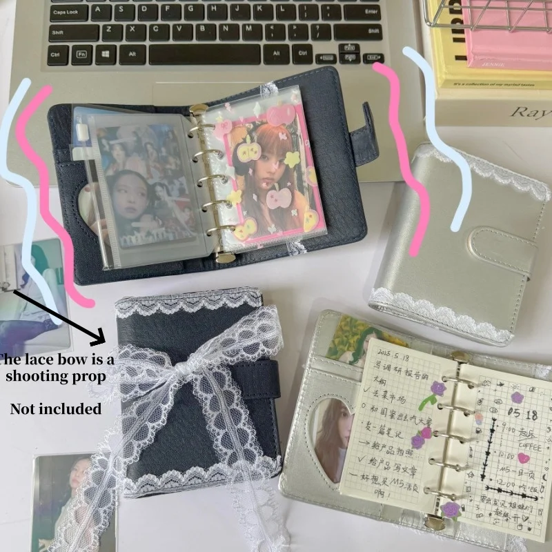 

M5 Refillable Binder PU Leather Notebook Ins Style Lace Cover w/ Magnetic Snap Closure Silver & Navy Planner Journal for Student