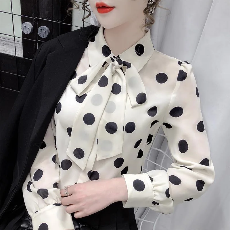 Women's Polka Dot Print Bow Elegant Chic Sweet Button Up Shirt Spring Autumn Casual Long Sleeve Office Ladies Blouse Top Blusas