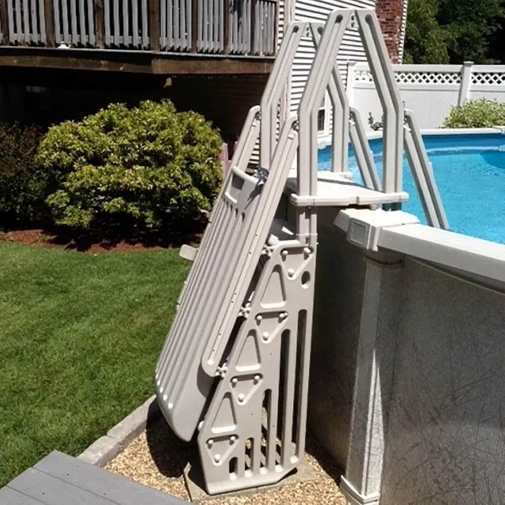 24 Inch Double Pool Step Ladder with Gate, Adjustable Stair Entry System with Handrails for Above Ground Swimming Pools, Taupe