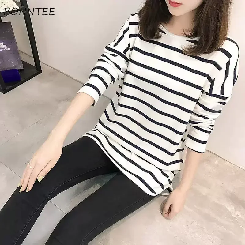 Long Sleeve Striped T-shirts Women Simple All-match Trendy Tender Unisex Summer Basic Clothing Ins Classic Korean Style Chic