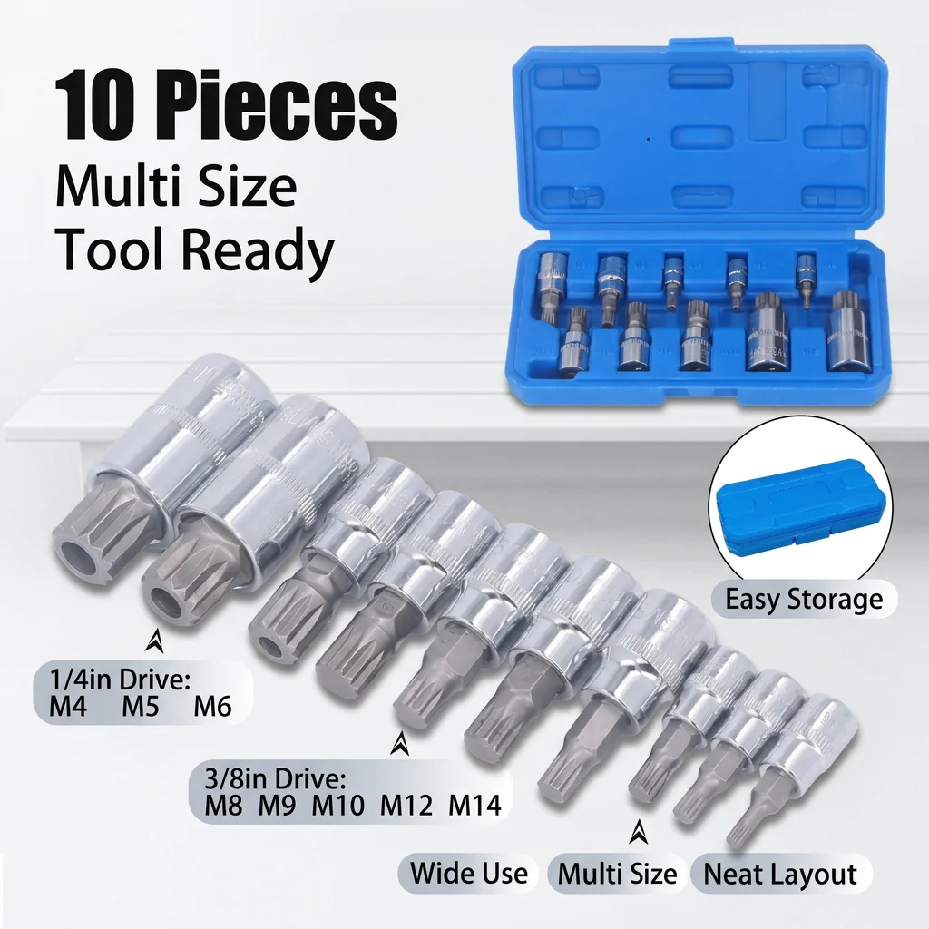 10 Pcs Triple Square Spline Bit Socket Set M4 To M18 1/4in 3/8in 1/2in Drive CR V Steel Bit Socket Set with Storage Box