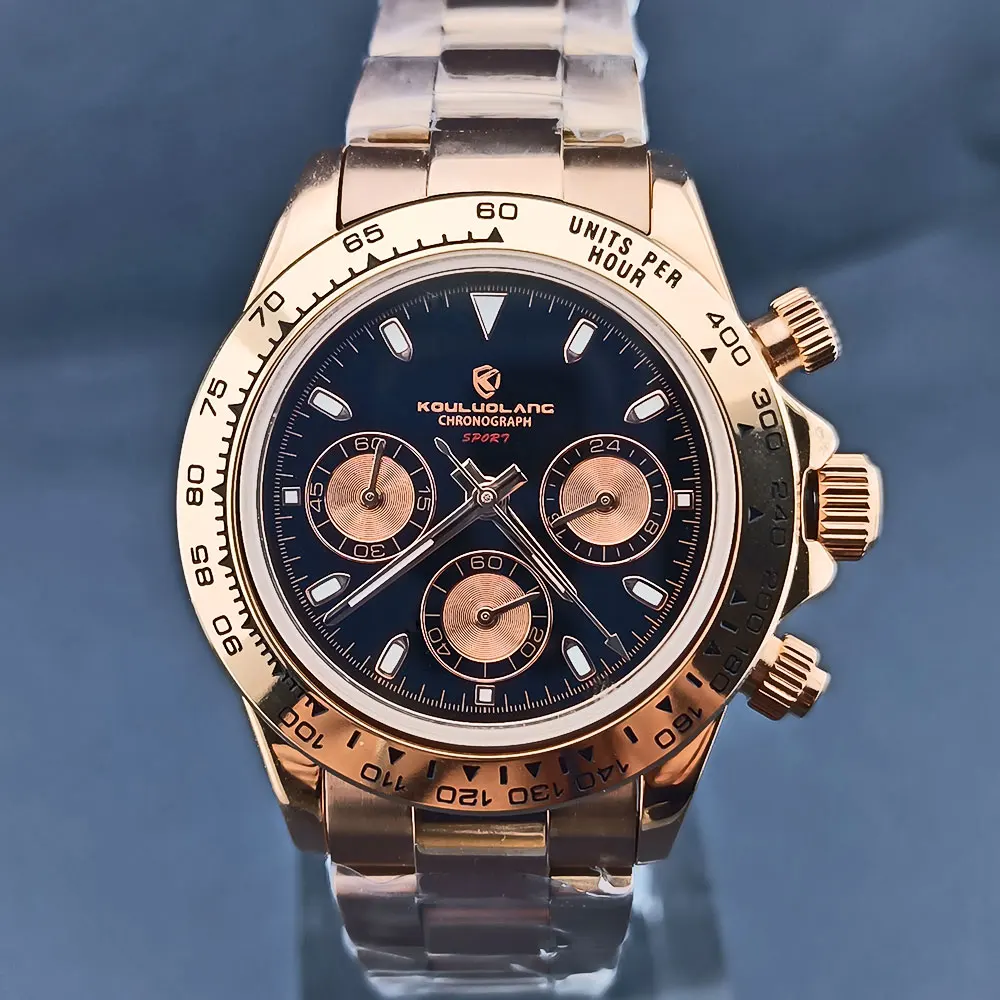 

40mm VK63 Quartz Men's rose gold watch Chrono Code Watch 316L Stainless Steel Sapphire Glass Green Luminous Dial Buckle Strap