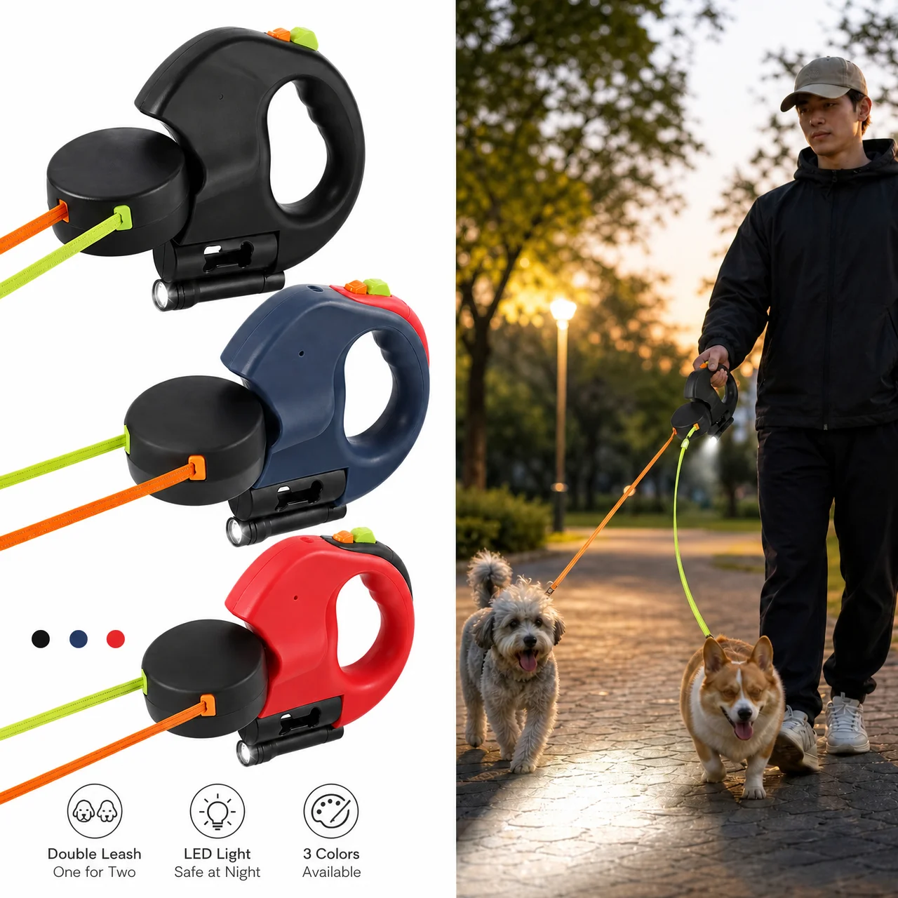 3m Retractable Dog Leash For Dogs Cat Reflective Dual Pet Leash Lead 360 Swivel No Tangle Double Dog Walking Leash