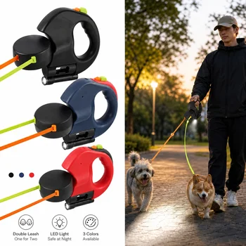 Retractable Double Dog Leash with Flashlight 1