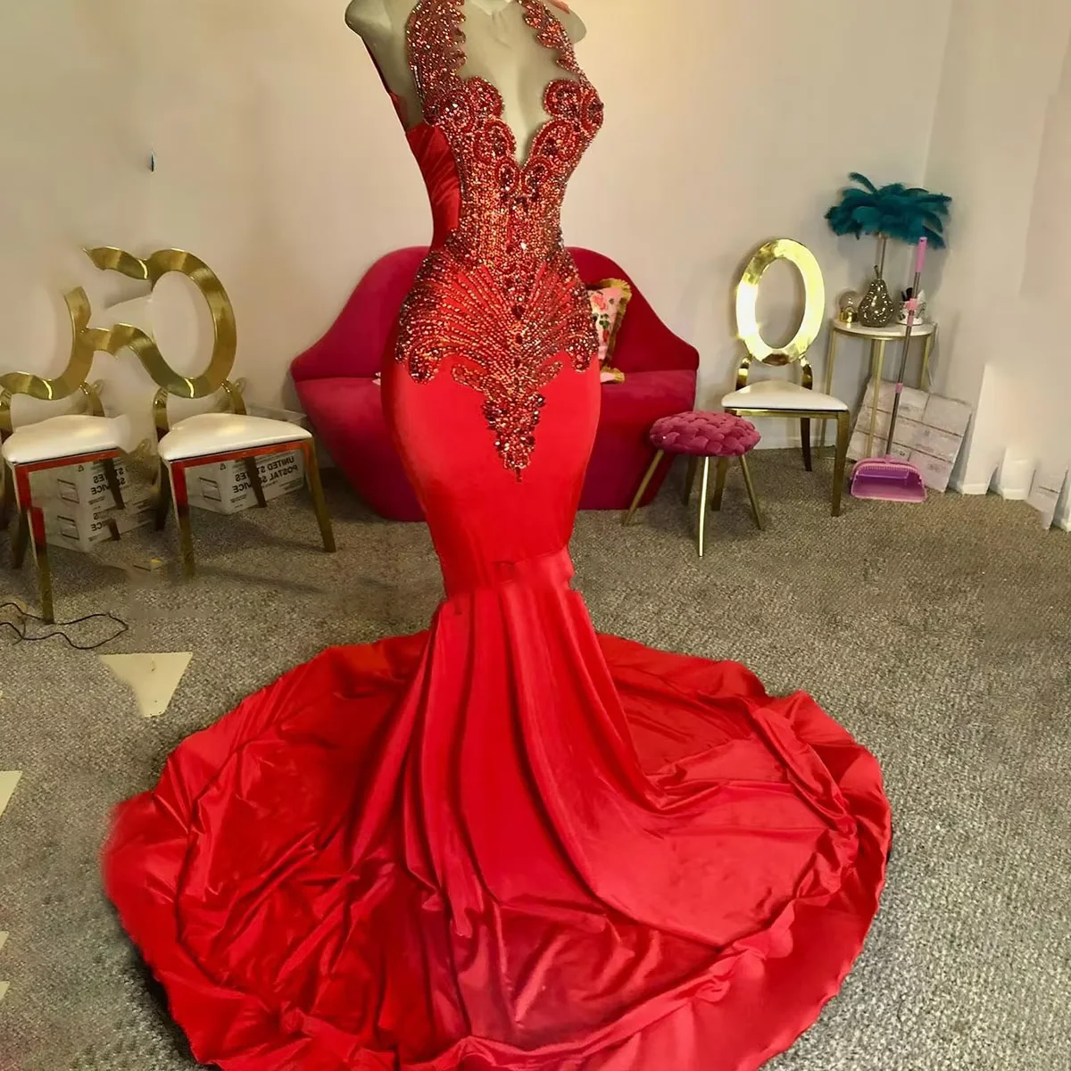 

Luxury Red Mermaid Long Prom Dresses 2025 Black Girls African Women Crystal Beaded Birthday Party Evening Gown Customized